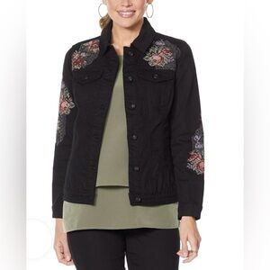 DG2 Diane Gilman Black Jean Jacket with Elegant Floral Cross Stitch